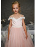 Peach Pearl Beaded 3D Flowers Tulle Flower Girl Dress With Train